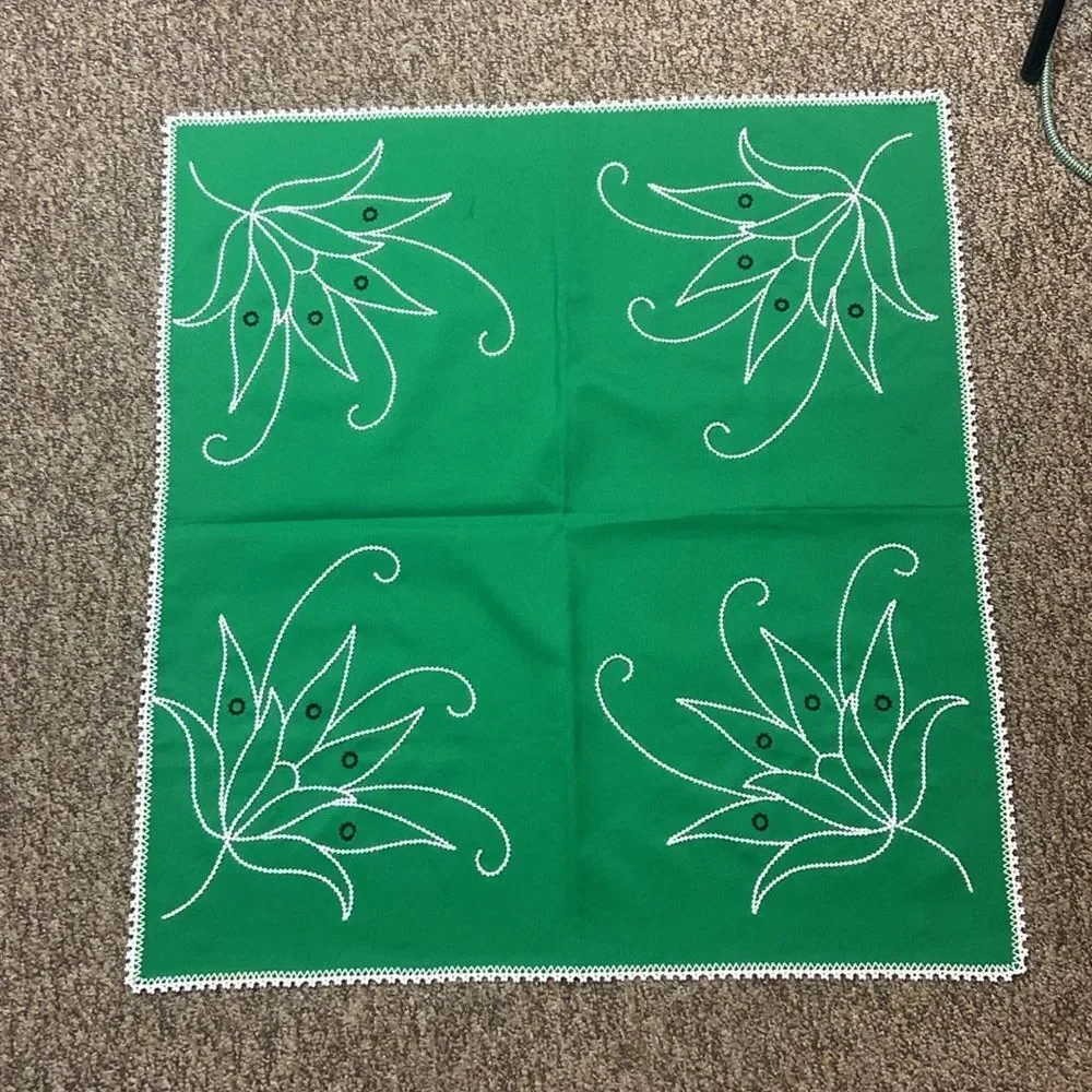 Vintage Handmade Green Decorative Tablecloth with White Embroidery